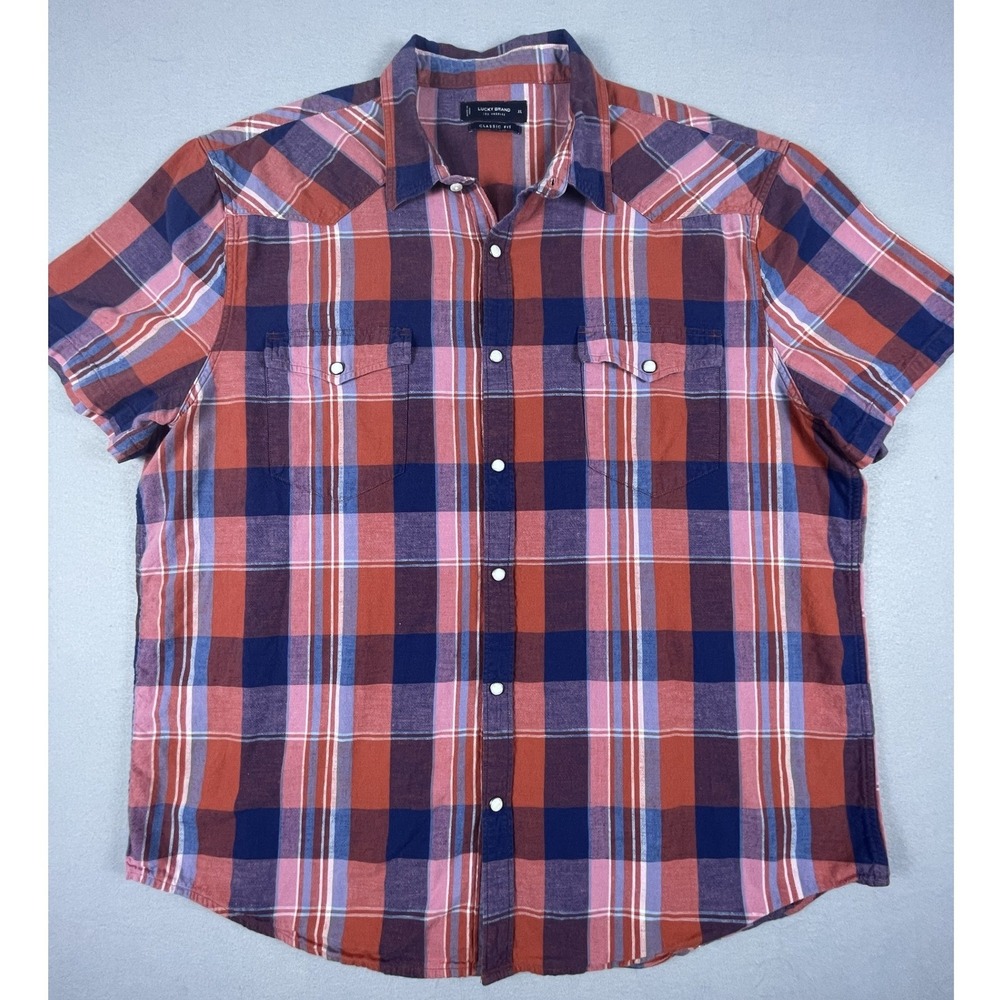 Lucky‎ Brand Shirt Mens XL Red Plaid Classic Fit Western Pearl Snap Cotton Linen